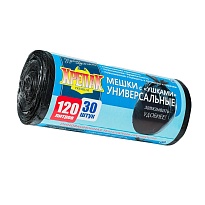 Мешки для мусора 120 л, с ушками, черные, в рулоне 30 шт., ПНД, 15 мкм, 1100х700 мм, Крепак, 4607075710375 в Новокузнецке